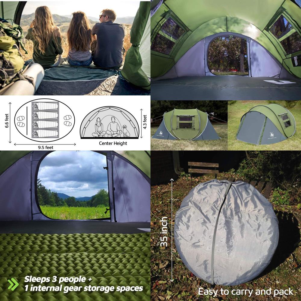 Camping Tent - 4-Person Automatic Setup Tent, Waterproof, 9.5'x6.6'x52,